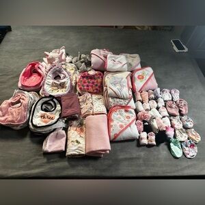 Lot of Baby Bibs, Towels, Burpcloths, Socks, Fabric Booties Etc.